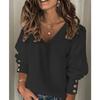 QICED Women's Fashion Casual Solid Color Print Long Sleeve V Neck Blouses & Shirts
