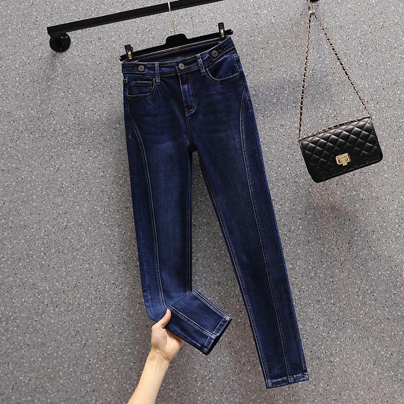 DIMANAF 2024 Neue Übergrößen Jeans Herbst Damen Patchwork Basic Elastische Hose Locker Lässig Damen Hose Blaue Hose 5XL