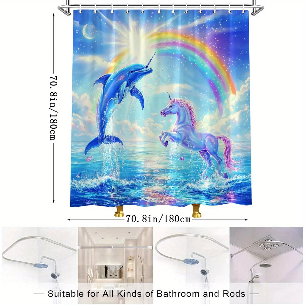 Magical Creatures Shower Curtain - Unicorn & Dolphin, Rainbow Dreamland, Watercolor Style, Water-Resistant Polyester