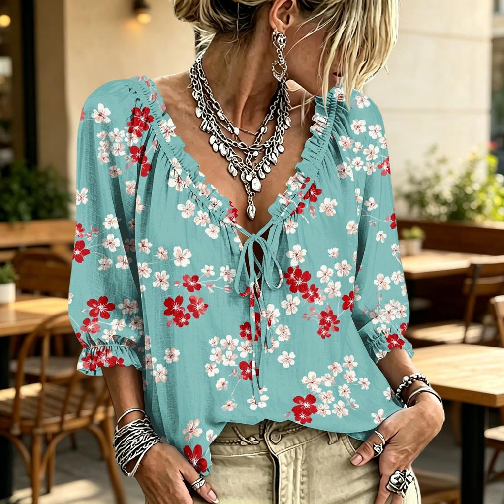 Women's Casual V-Neck Ruffle Tie Printed Blouse