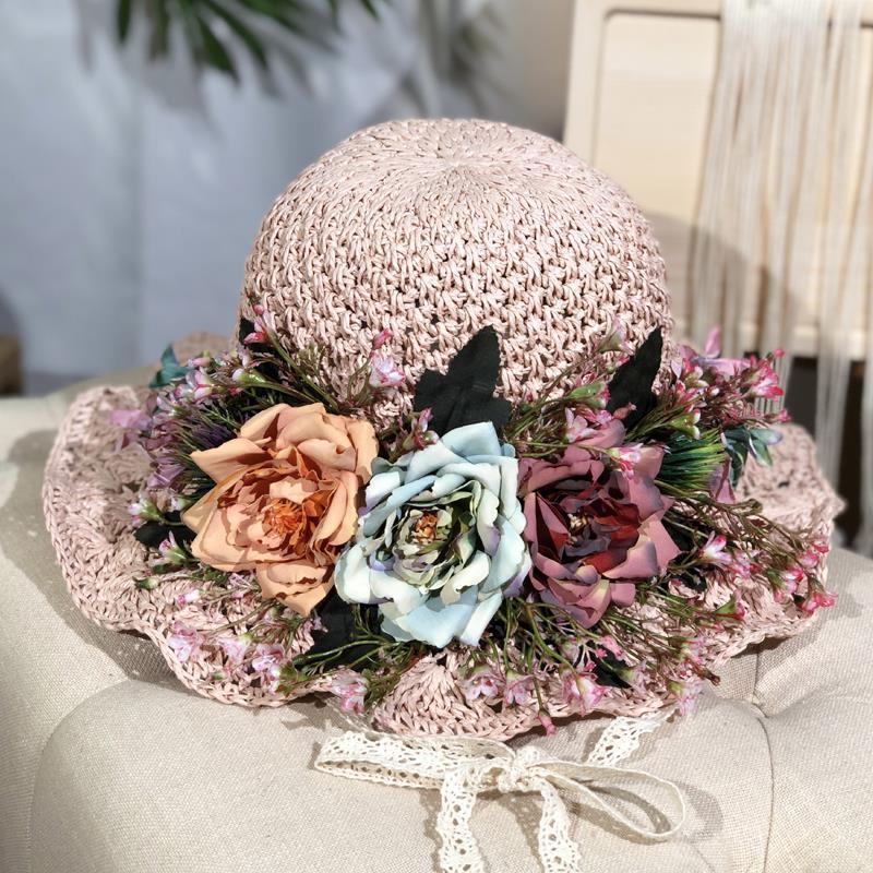 Handwoven Hollow Rose Flower Straw Hat Female Summer Small Fresh Pastoral Lace Strap Big Eaves Beach Hat