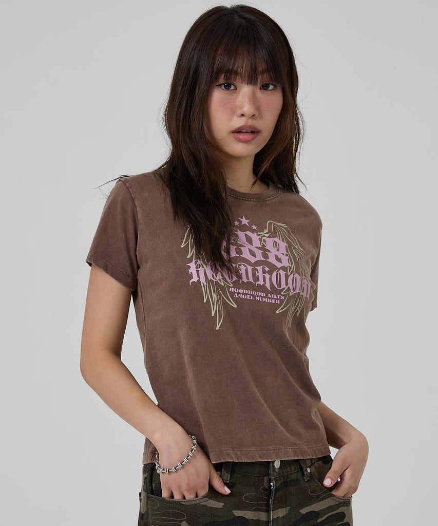 HOODHOOD 888 Angel Graphic Washed Short Sleeve T-Shirt Brown