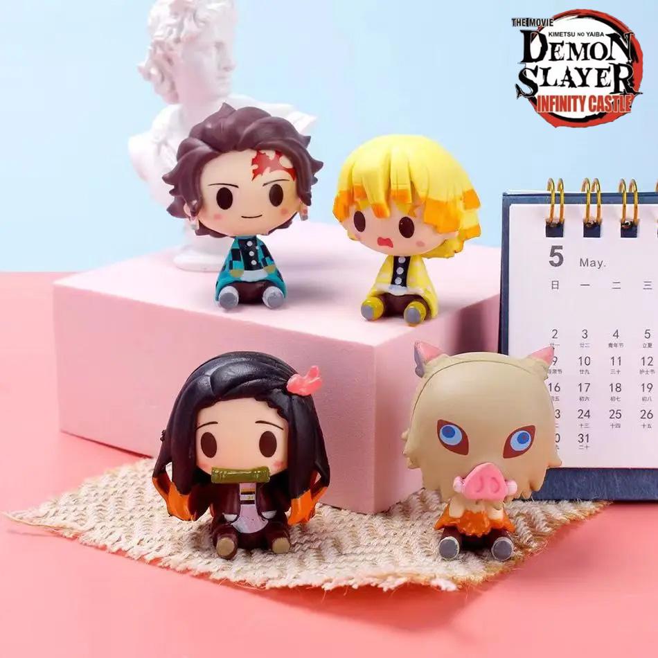 4Pcs/Set Demon Slayer Kamado Tanjirou Nezuko Figure Toys Q Version Kimetsu No Yaiba Agatsuma Zenitsu Action Figurine Model Dolls
