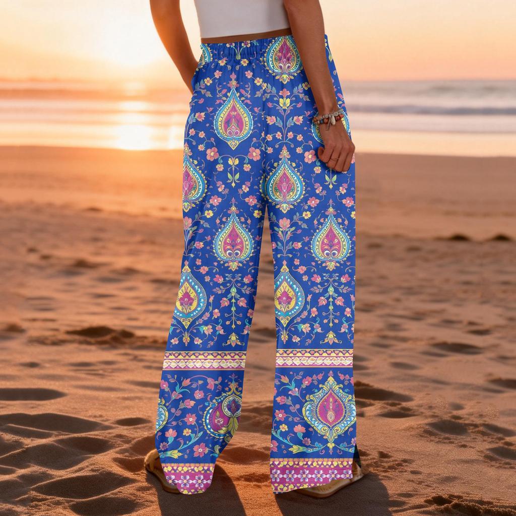 Women Summer Boho Palazzo Pants High Waist Wide Leg Printing Casual Trousers With Pockets