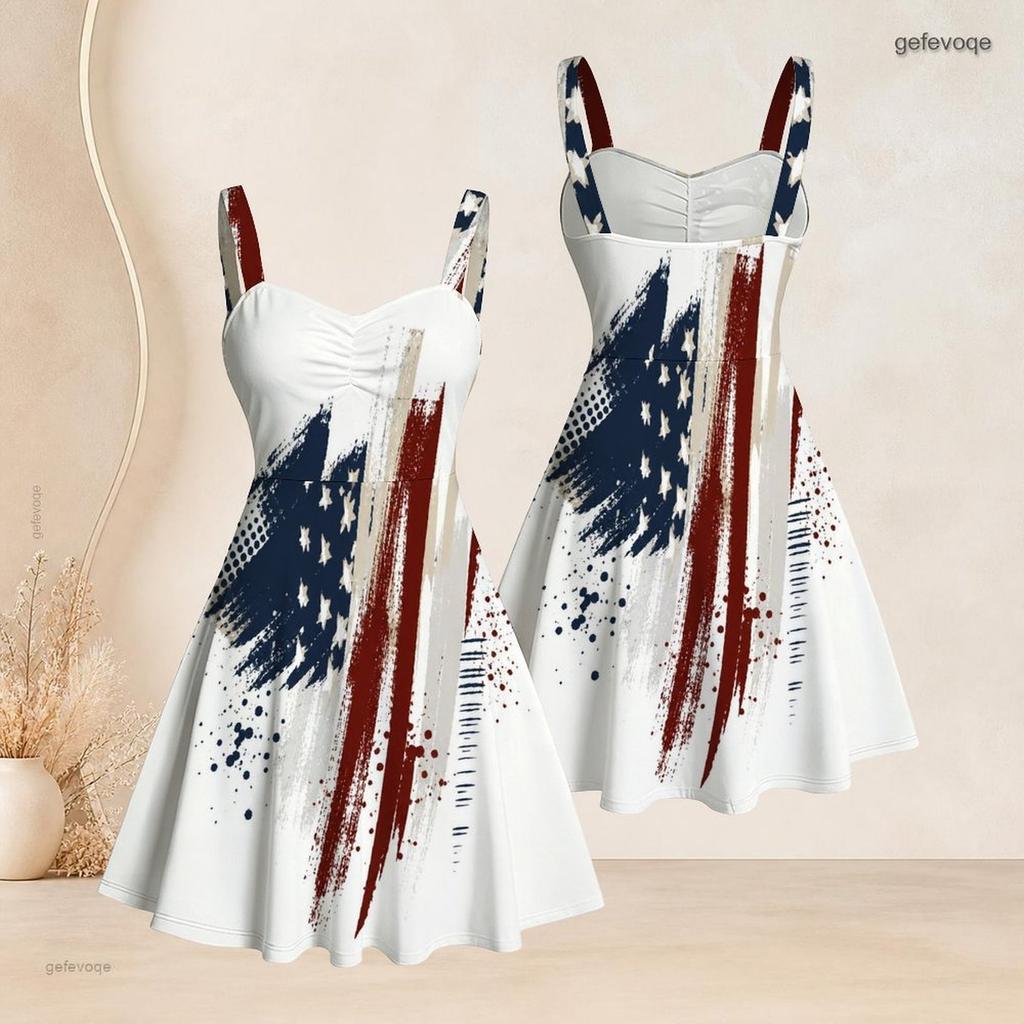 Women Plus Size Off Shoulder Sleeveless Strappy Star Stripe Printed Flared Dress