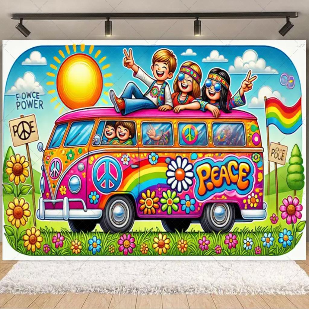 Stile Bohémien Colorato Hippie Bus Tema Sfondo per Compleanno Pace E Amore Decorazioni per Feste Stampa Tie Dye Sfondo in Vinile Regali