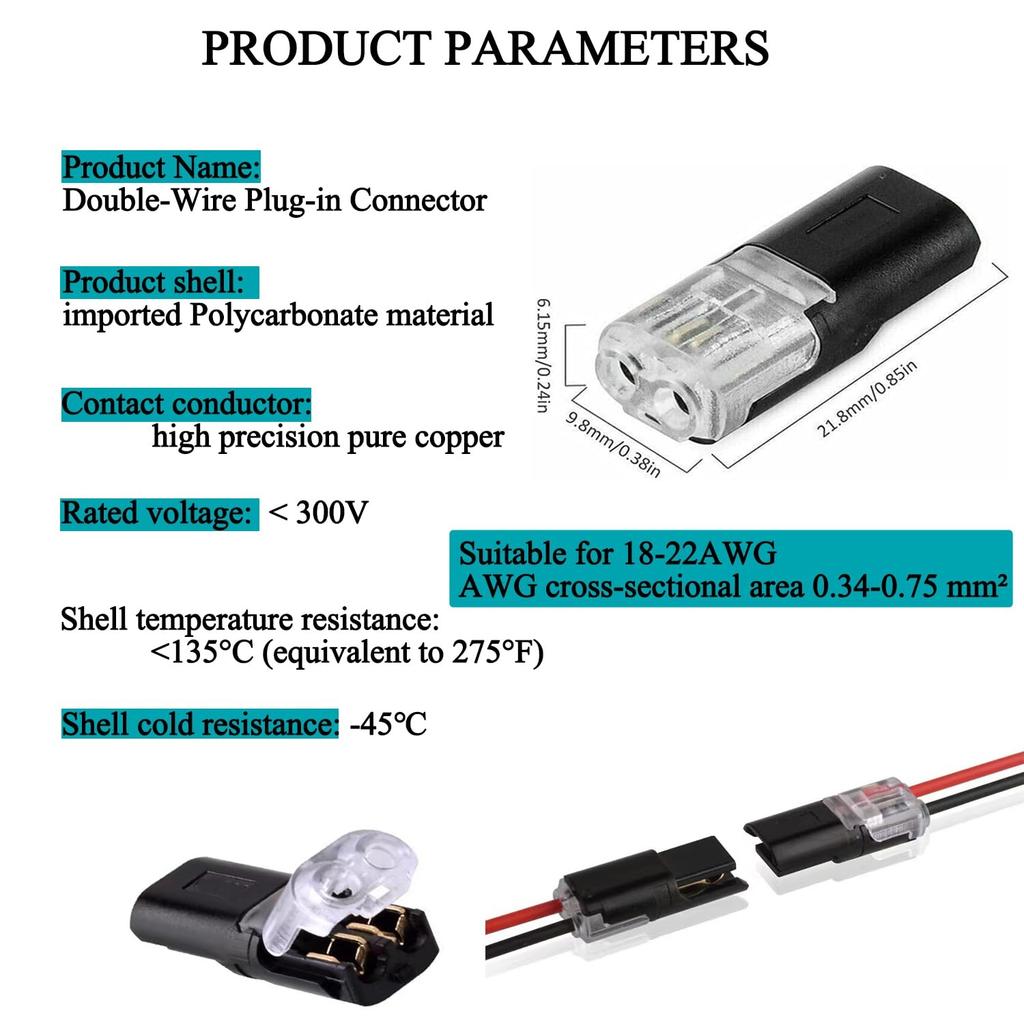 10/20pcs Double-Wire Plug-in Connector with Locking Buckle-Pluggable LED Wire Connectors 2 Pin 2 Way Electrical Wire Connector