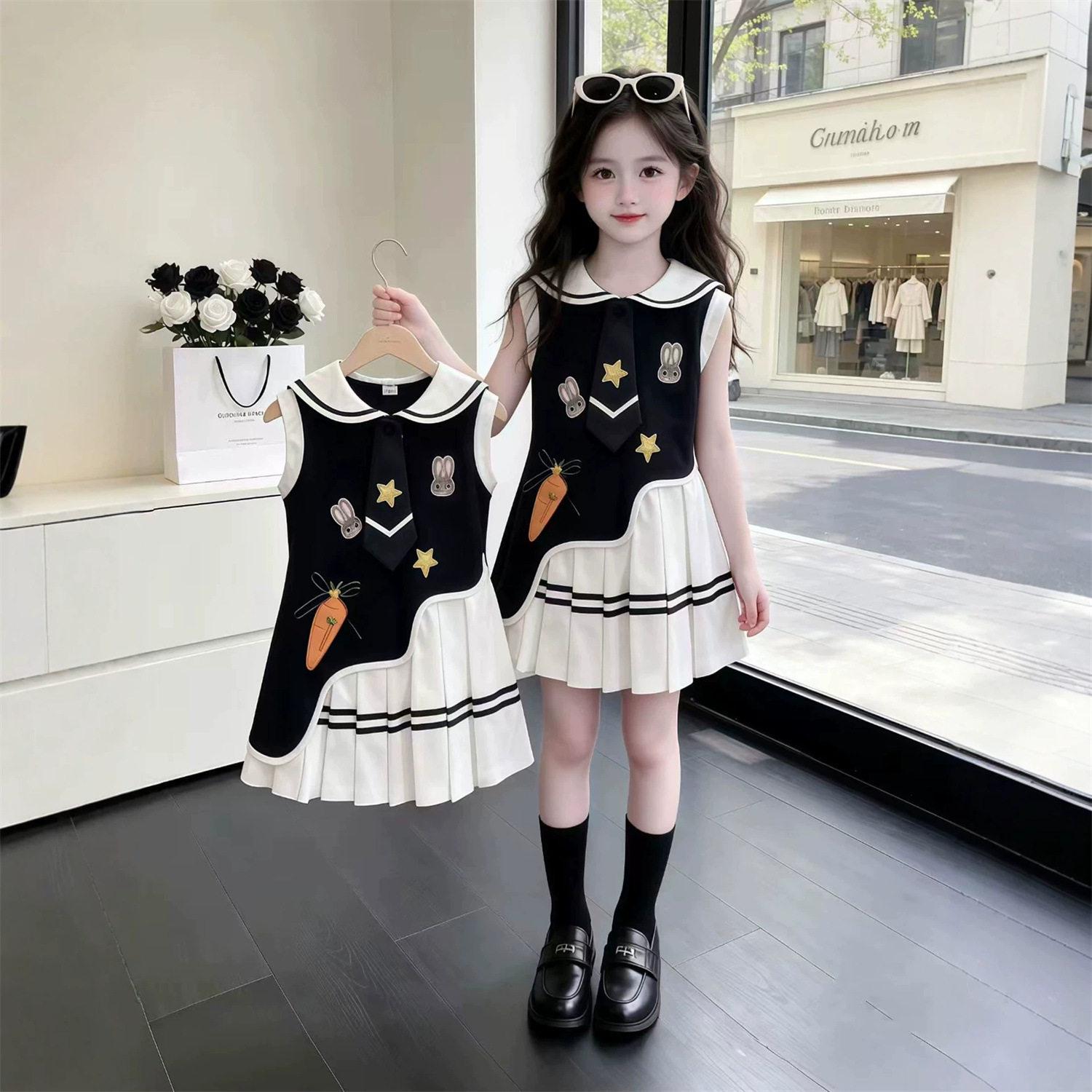 Girls Summer Doll Collar Dress - Cartoon Rabbit Police Officer Princess Style 170 cm