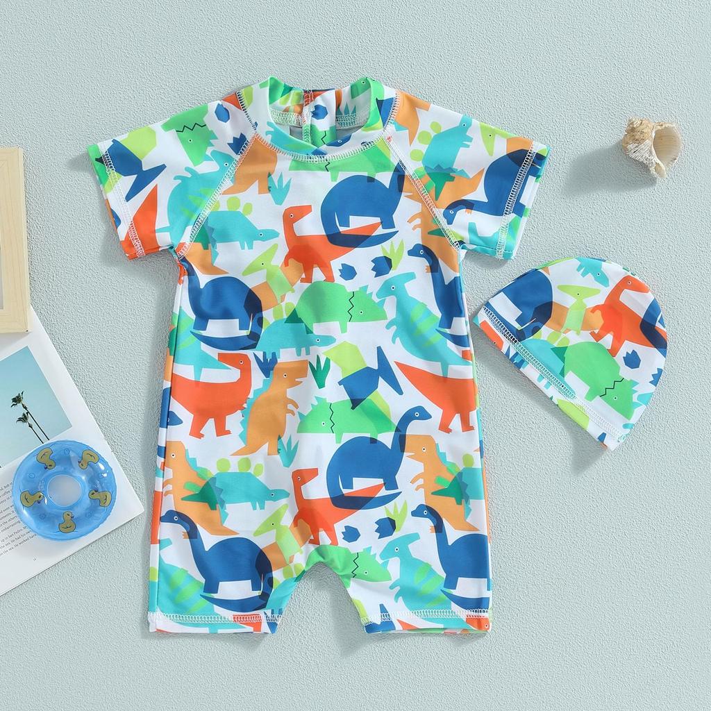 Badestrampler für Kinder, Jungen, Strand, Sommer, Badebekleidung, 1 Jahr, 2 Jahre, 3 Jahre, 4 Jahre, 5 Jahre, 6 Jahre, kurze Ärmel, Rundhalsausschnitt, Cartoon-Dinosaurier-Aufdruck, Badeanzug, Shorts + Mütze