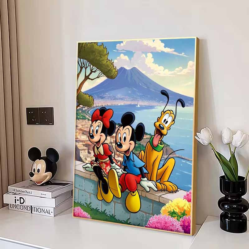 Disney Diamond Painting Mickey Minnie and Pluto Naples Travel Illustration Wall Decoration Full Diamond Cross stitch DIY Gift, Home Decoration