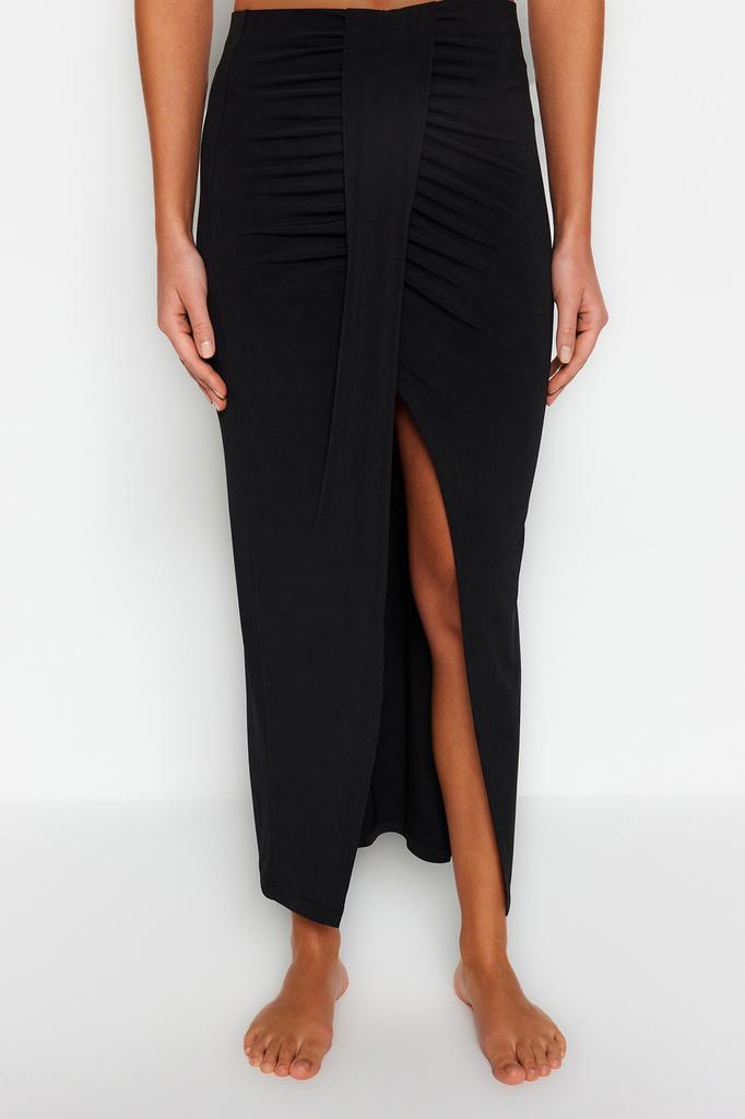 Women's Fashion New Skirt Black Fitted Maxi Woven Slit Skirt