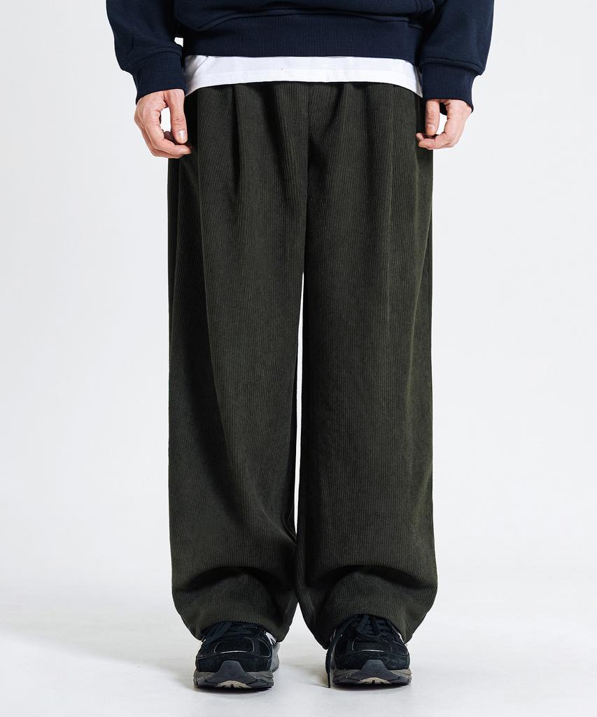 LEMAIN SECOND Single-Pleat Wide Corduroy Elastic Pants [Khaki]