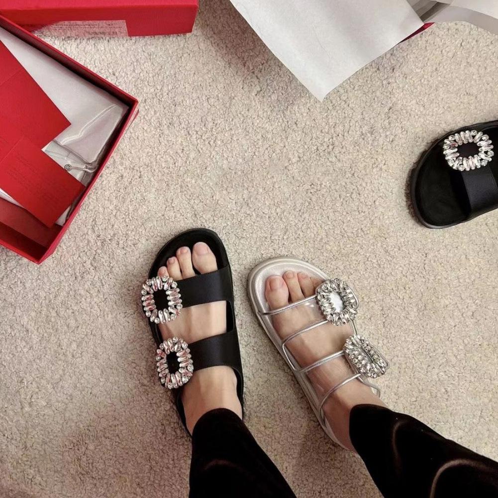 Sheepskin version~ square buckle rhinestone leather double belt casual thick-soled slippers women's sandals wear muffin one-and-a-half slippers
