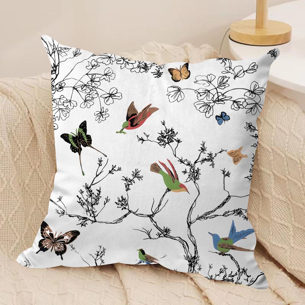 Lovely Bird Retro Cushion Cover Silky Short Plush Invisible Zipper Dustproof Sofa Pillow Case For Home Decor
