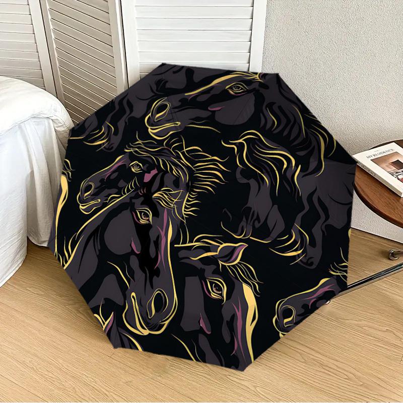 1PC Horse Pattern Automatic Folding Umbrella - Compact 8-Rib Design, Durable Plastic & Iron, Lightweight for Outdoor Daily Use, Festive Gift050