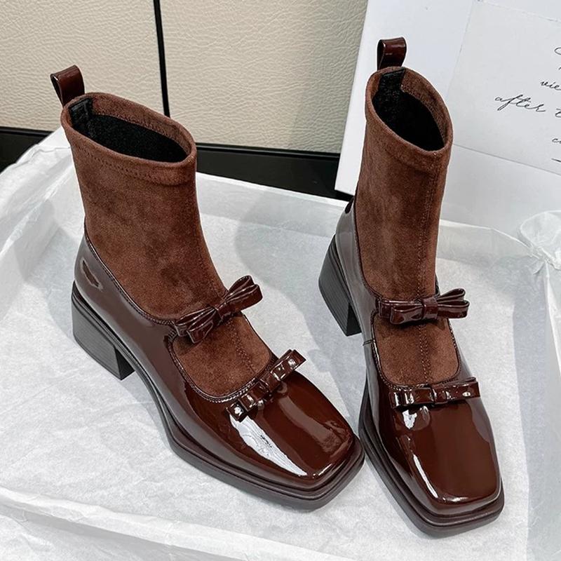 Bow High Heels Women's Boots Elegant Designer Chunky Shoes  Fashion New Pumps Chelsea Boots Winter Luxury Dress Mujer Botas