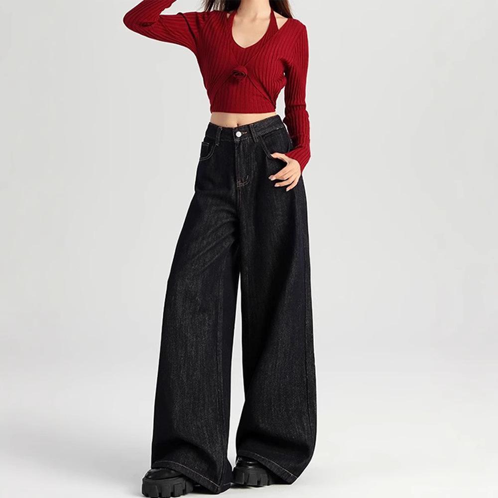 Damen 2024 Herbst Dunkelblaue High-Waist Wide-Leg Jeans - Bodenlang, Lockere Passform.