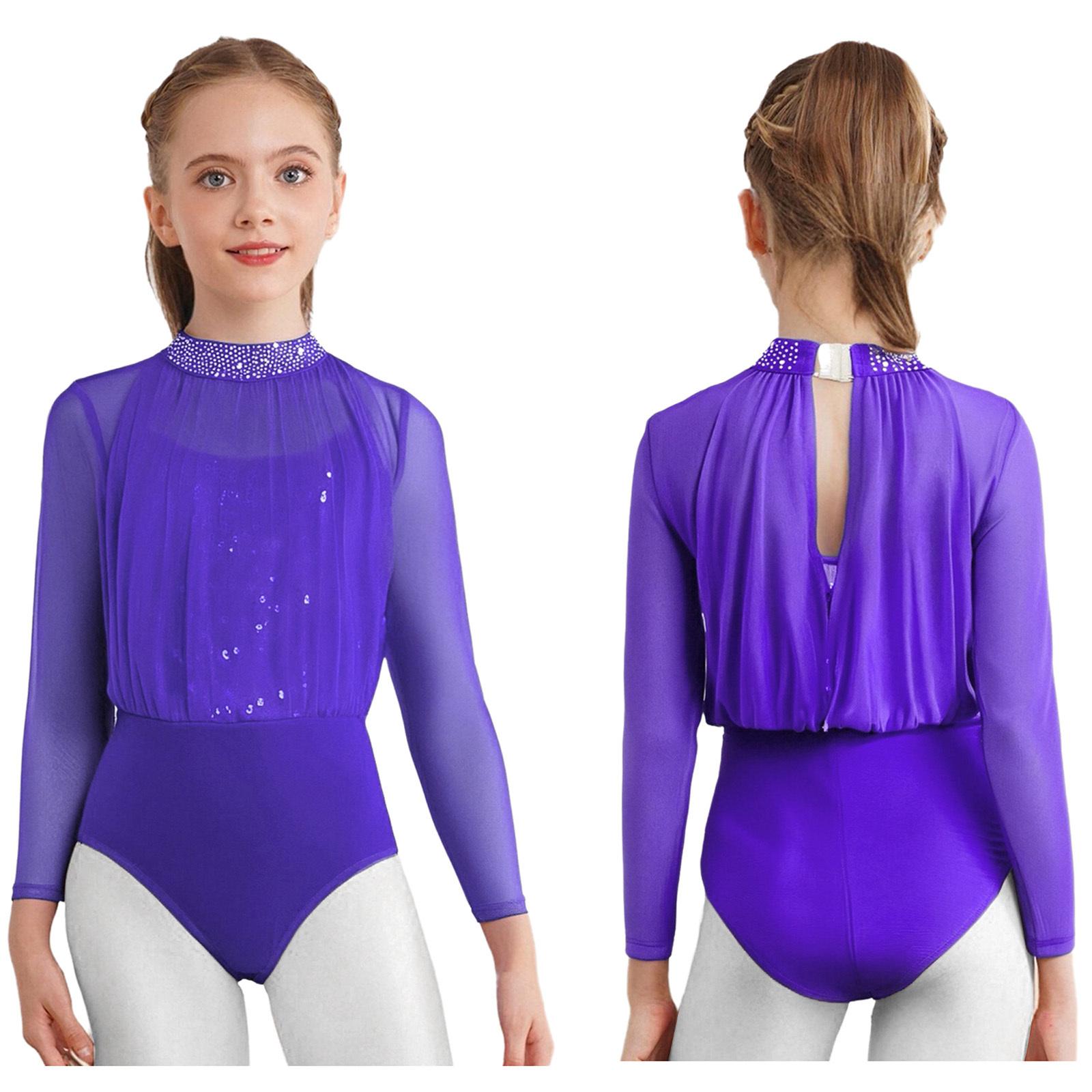 

Sparkling Sequin Rhinestone Leotard for Girls, Long Sleeve Figure Skating Costume Keyhole Back Sheer Mesh Modern Dance 5-6 Years фіолетовий