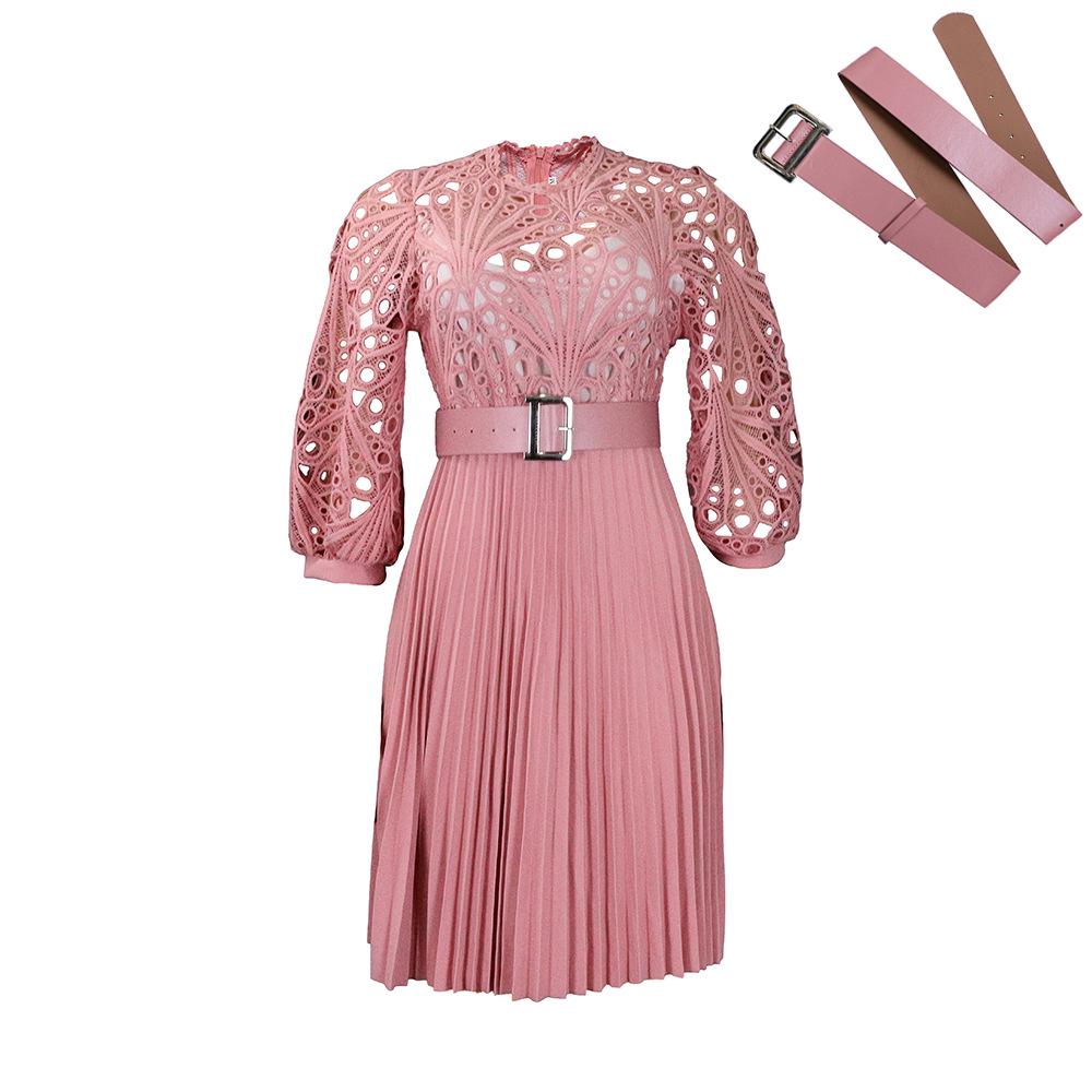 2024 Pure Color Lace Hollow Pleated Women's Dress - European and American Style