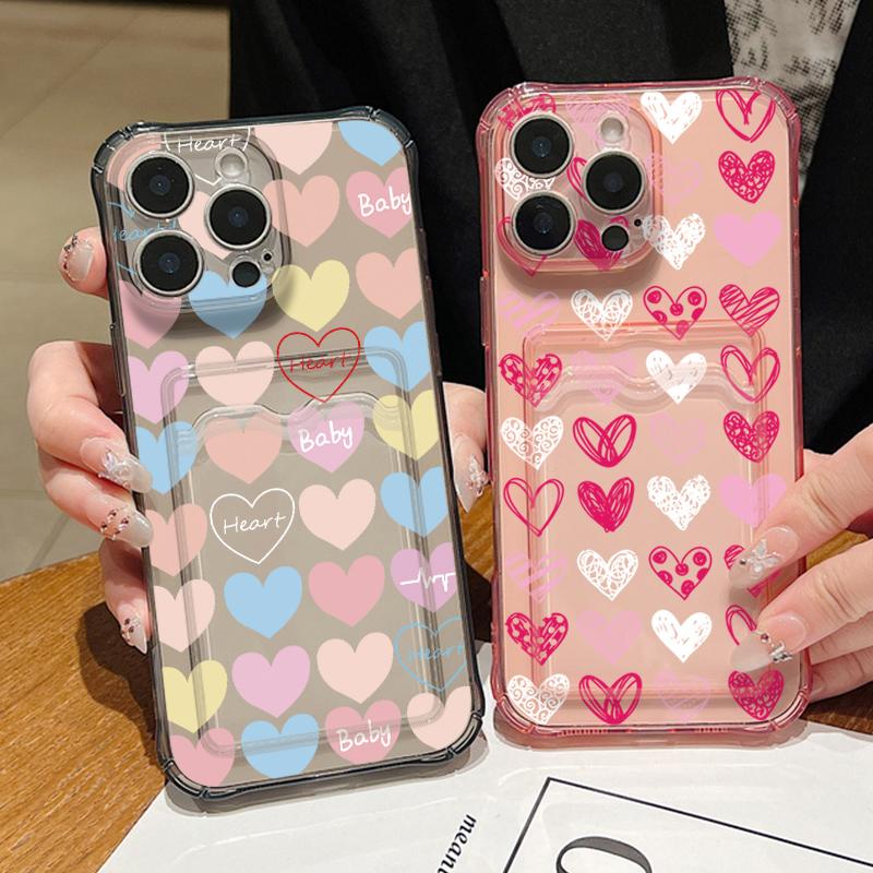 Card Slot Pocket TPU Case For iPhone 16 Pro 16 15 14 13 12 Pro Max 11 Shockproof Pink Love Printed Soft Silicone Phone Cover