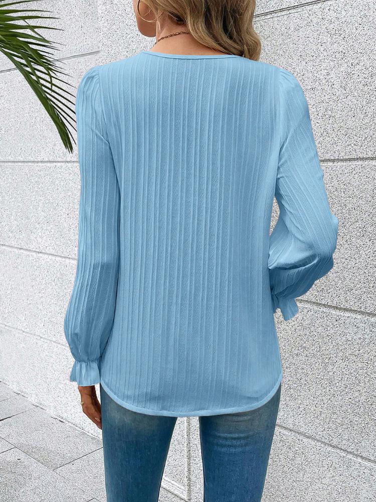 Chunqiu Women's Solid Color Long Sleeved Casual Striped V-neck Lace Top with Patchwork Hollowed Out Women's Shirt