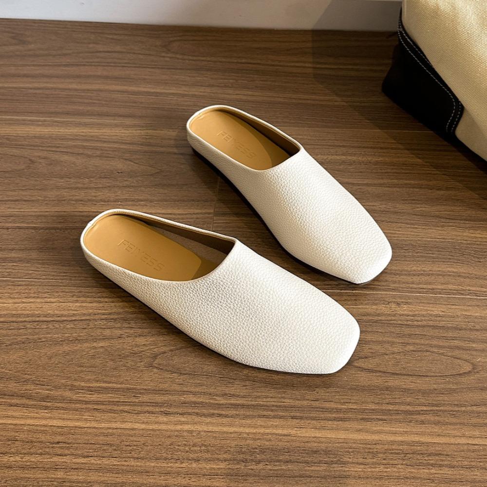 Genuine Leather Slippers Women's Summer Outer Wear Flat Bottomed Casual Muller Bag Head Half Slippers Mules Women's Flat Shoes