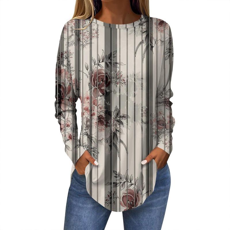 Damen T-Shirt mit 3D-Blattdruck, modisch, langärmlig, Rundhalsausschnitt, normale Oberteile, Feiertagswochenende, Frühling und Herbst