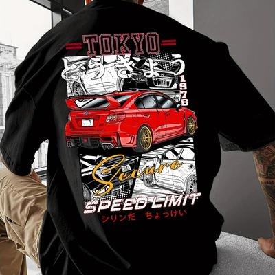 2026 Unisex Sommer Streetwear T-Shirt Tokyo Geschwindigkeitsbegrenzung Grafik & Rotes Sportwagenmotiv Lockerer Schnitt Lässiges T-Shirt Druck Sommer