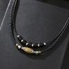 Dzi Bead Navy Blue Retro Necklace Personalized Woven Wax Rope Antique Pendant Collarbone Chain Punk Trendy Men's Jewelry