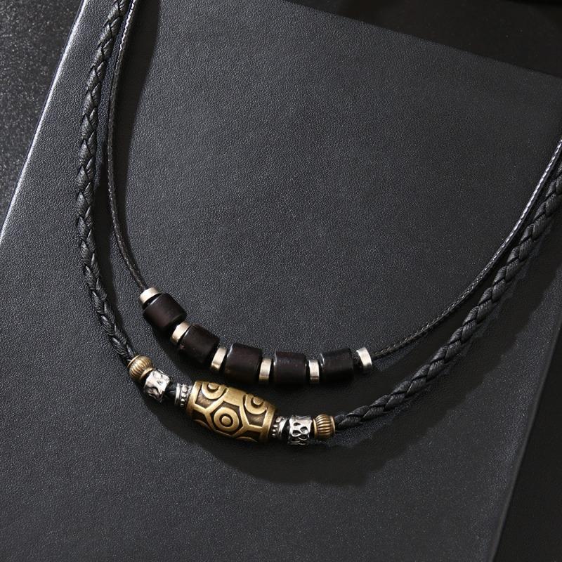 Dzi Bead Navy Blue Retro Necklace Personalized Woven Wax Rope Antique Pendant Collarbone Chain Punk Trendy Men's Jewelry