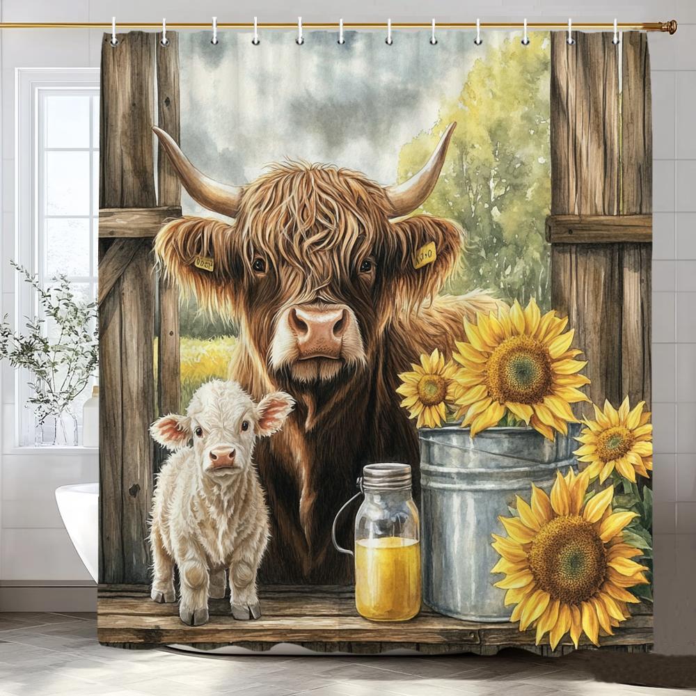 Cute Highland Cow Shower Curtain,Farmhouse Rustic Cow Animal Floral Bathroom Curtain,Decorative Fabric Home Curtain With Hooks