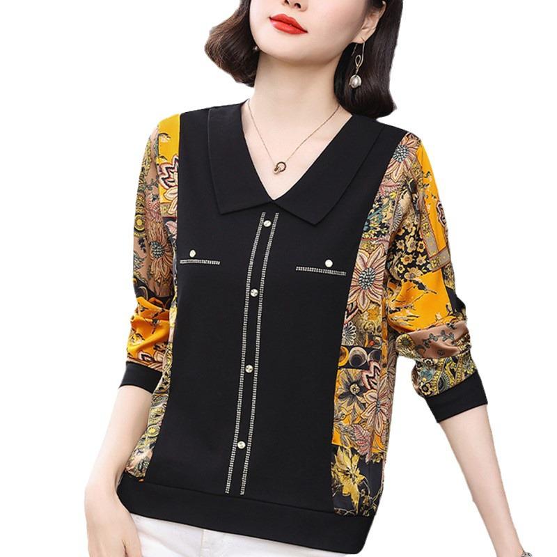 Dámské stylové tričko s dlouhým rukávem a šifonovou vsadkou pro ženy středního a staršího věku - Kolekce podzim 2024