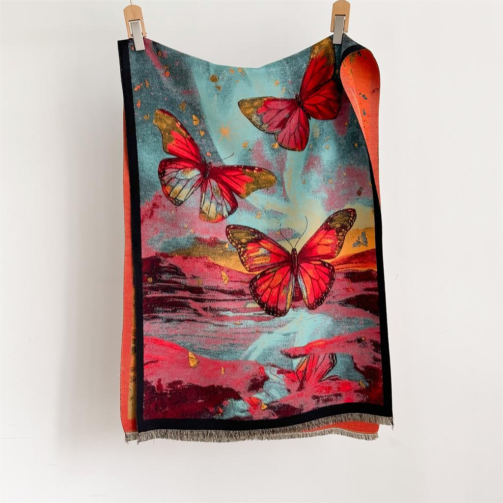 Winter Thickened Warm Scarf For Women Tassel Pashmina Shawl Butterfly Print Imitation Cashmere Warps Autumn Coldproof Blanket