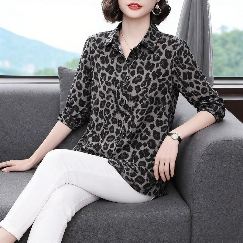 Women S Long Sleeve Chiffon Shirt Leopard Print Loose Plus Size Mid Length