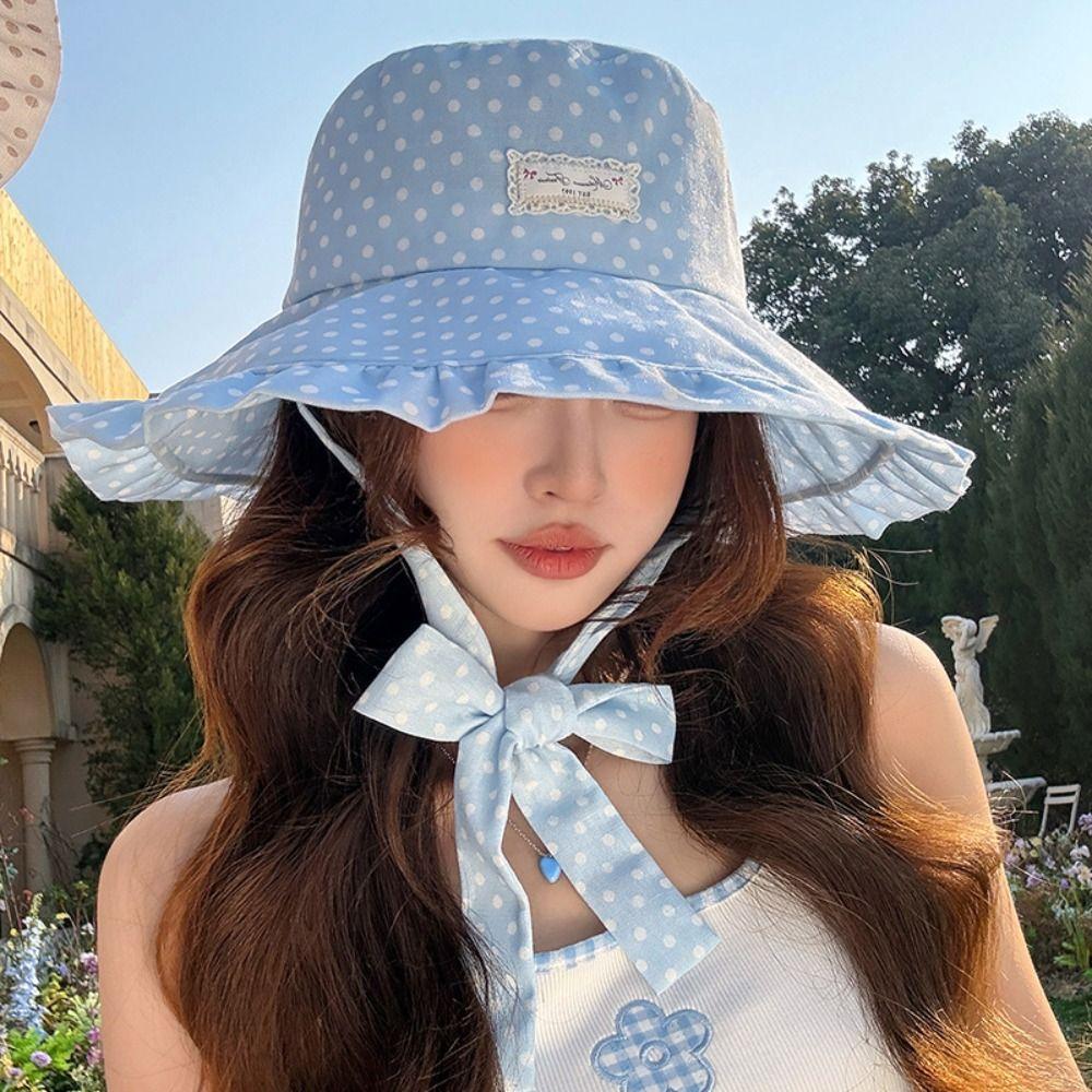 Polka Dot Women Fisherman Hat Ribbon Sunshade Hat Portable Summer Sun Hat  Outdoor