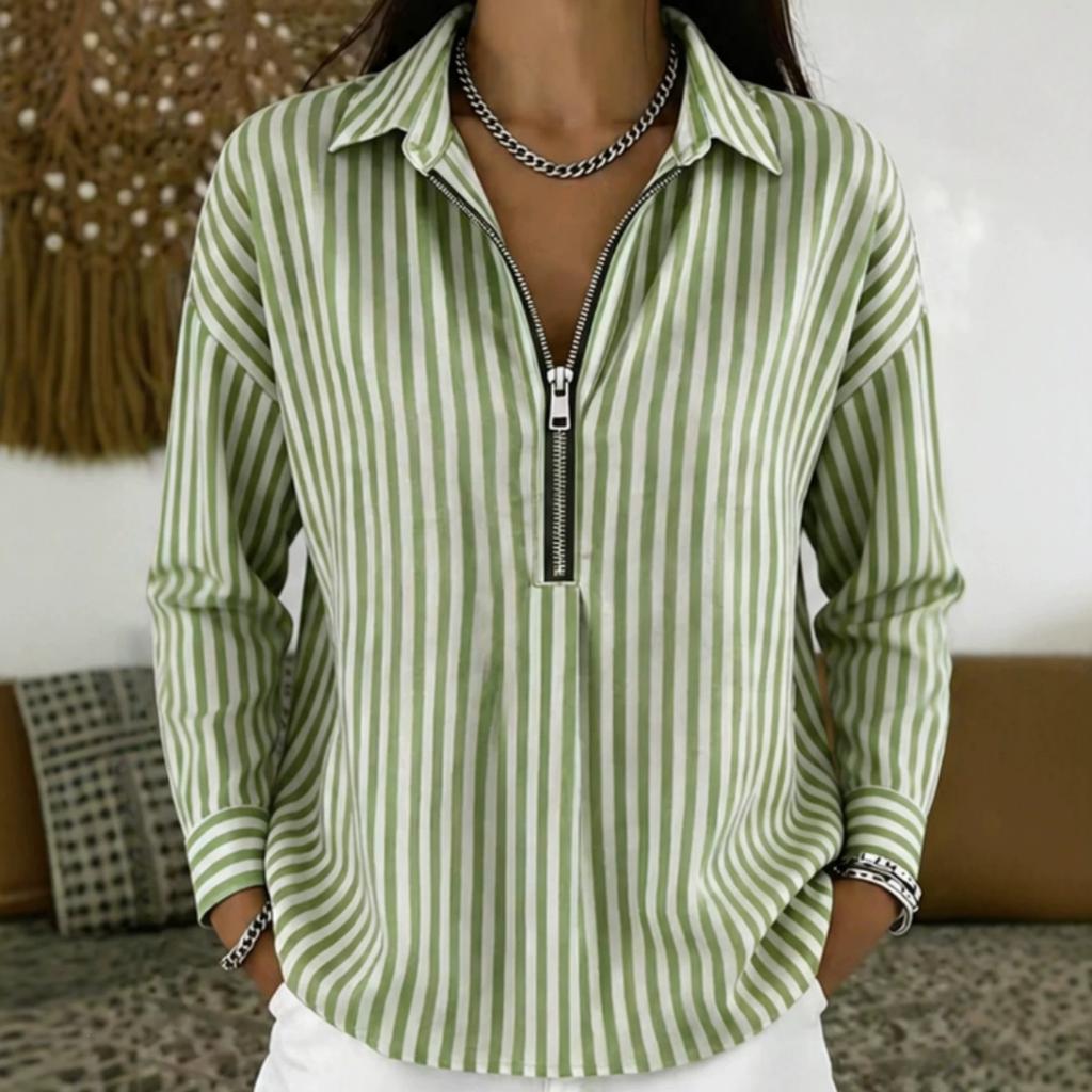 Women Striped Shirt, Turn Down Collar Half Zip Long Sleeve Loose Casual Spring Fall Blouse