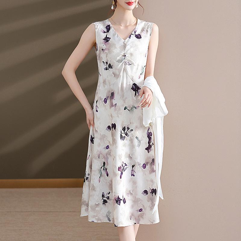 2026 Summer Fashion Chiffon Two-Piece Skirt Set for Middle-Aged & Elderly Women - Short Sleeve Dress