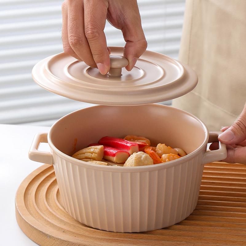 Simple Ceramic Binaural Soup Bowl Noodle Bowl Household Large-Capacity Instant Noodle Bowl With Lid Tableware Soup Basin Snail Powder Bowl