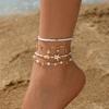 4PCS Layered Stackable Starfish Shell Beaded Anklet Set Dainty Boho Summer Beach Vacation Jewelry for Women