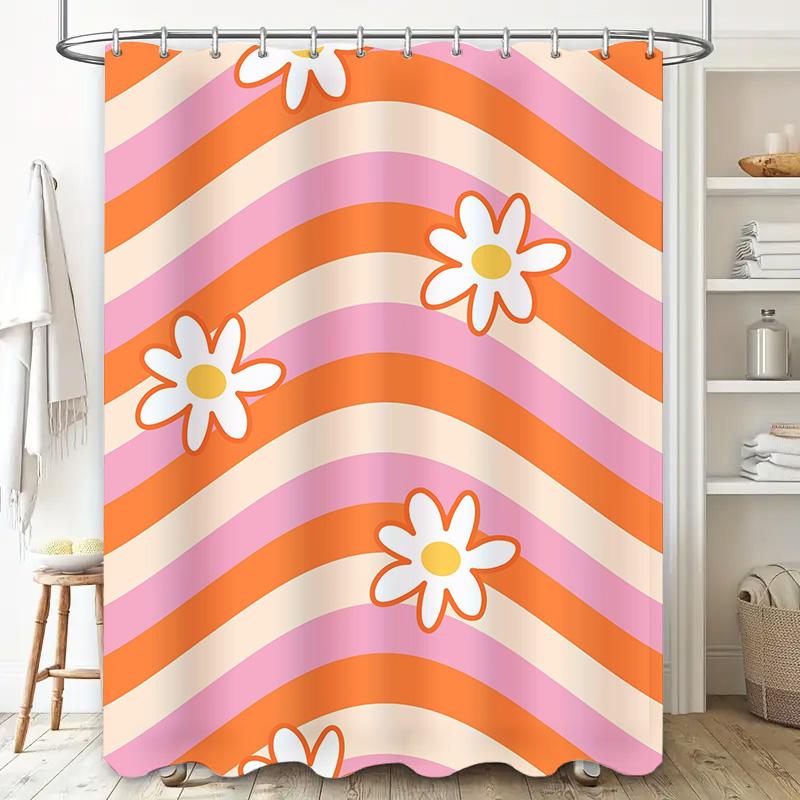 Vintage Style Shower Curtain with Striped Floral Design for Bathroom Decor Pink Orange White Color Set of 2 Panels Size180x180cm