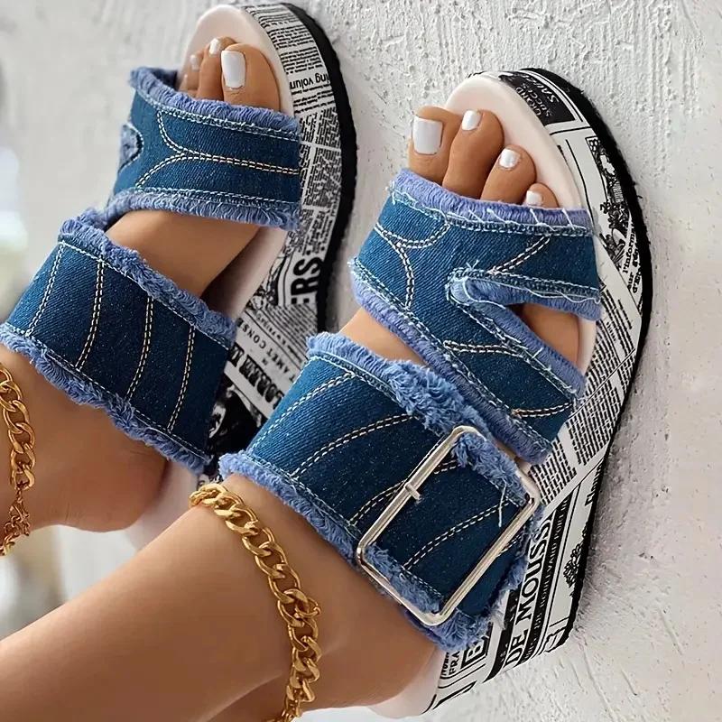 Women Denim Platform Slippers High Heels Shoes Summer Outdoor Wedge Sandals Women Casual Slippers Big Size Slides Women