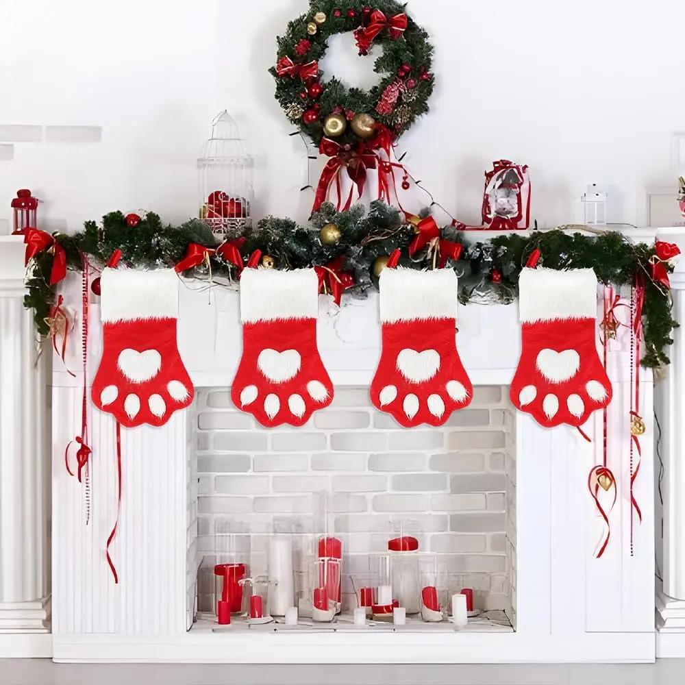 Red Velvet Christmas Stockings with Dogs Paw Winter Fuzzy Gift Bag for Home Hanging Holiday Ornament Decor
