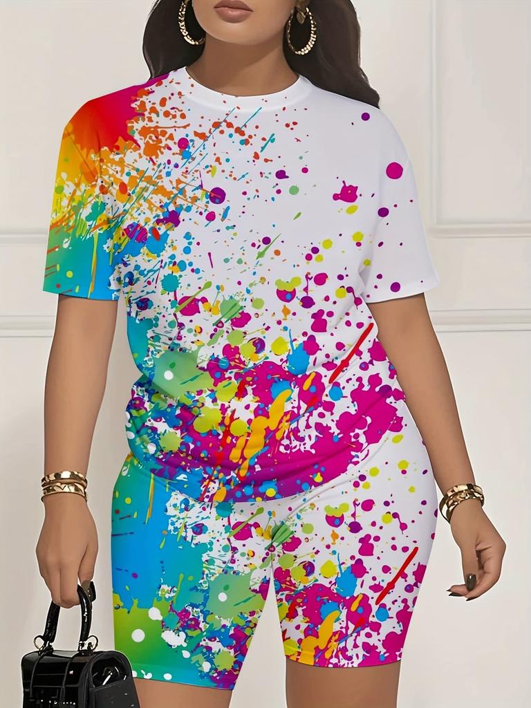 Color code European and American women's clothing painting printing T-shirt shorts set sports suit