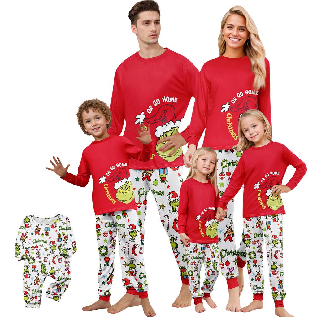 Christmas Print Family Matching Pajama Set Long Sleeve Long Pants Neck for Women Men and Kids