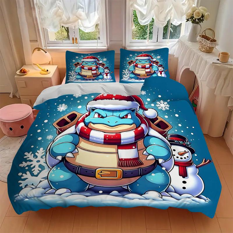 3pcs Squirtle's Winter Wonderland Adventure Quilt Cover Set (1 Quilt Cover + 2 Pillowcases Without Pillow Core), High-Definition Printing for Hom