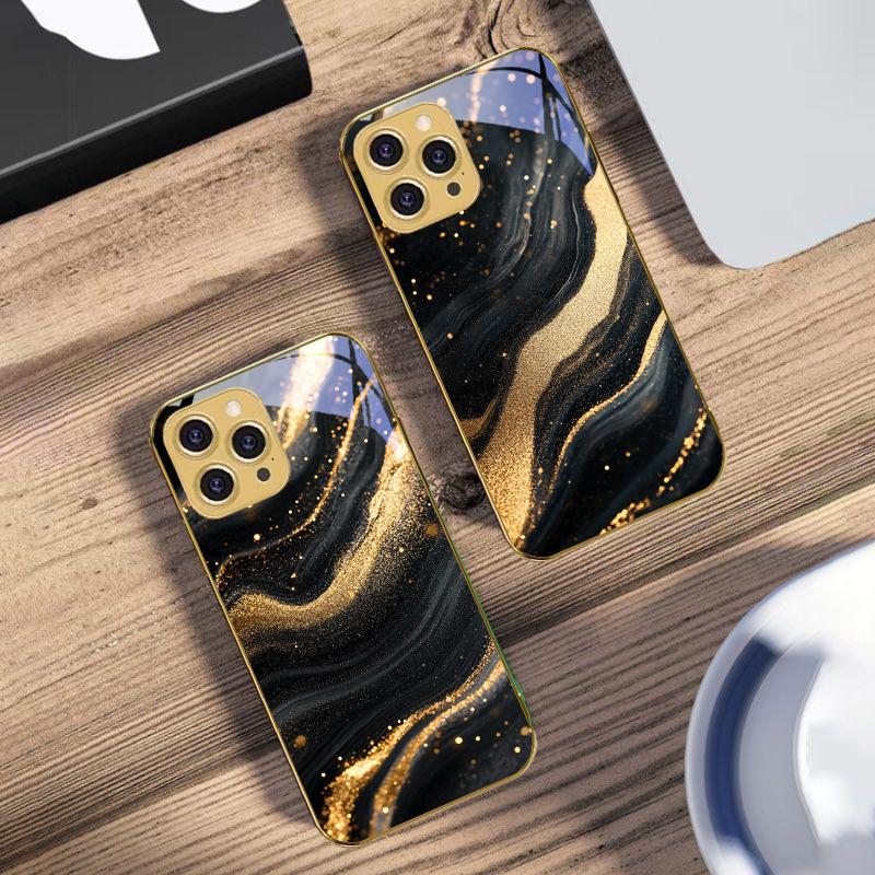 Mramorovaný Černý Šedý Pro IPhone 16 Pro Max 15 P Ro 14 M Ax 13 Plus 12 Mini 11Pro Max XS Max XR Zlatý Tvrzené Sklo Kryt na Telefon