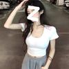 Low-neck Open-button Short-sleeved T-shirt for Women's Summer Spice Girls Short Black Top, Sexy Slim-fitting Pure Desire Wind U-neck Bottoming Shirt