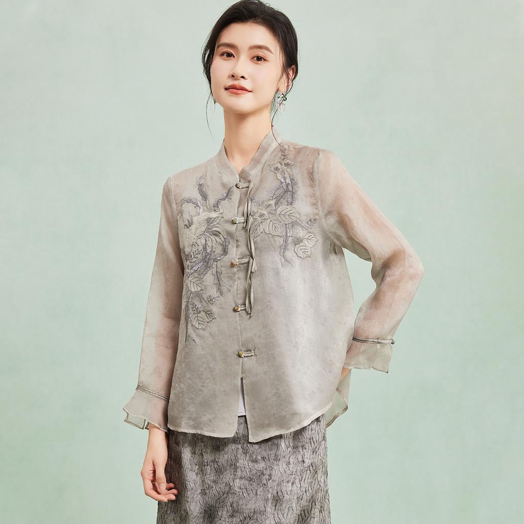 Elegant Silk Stand Collar New Chinese Style Mulberry Silk Shirt