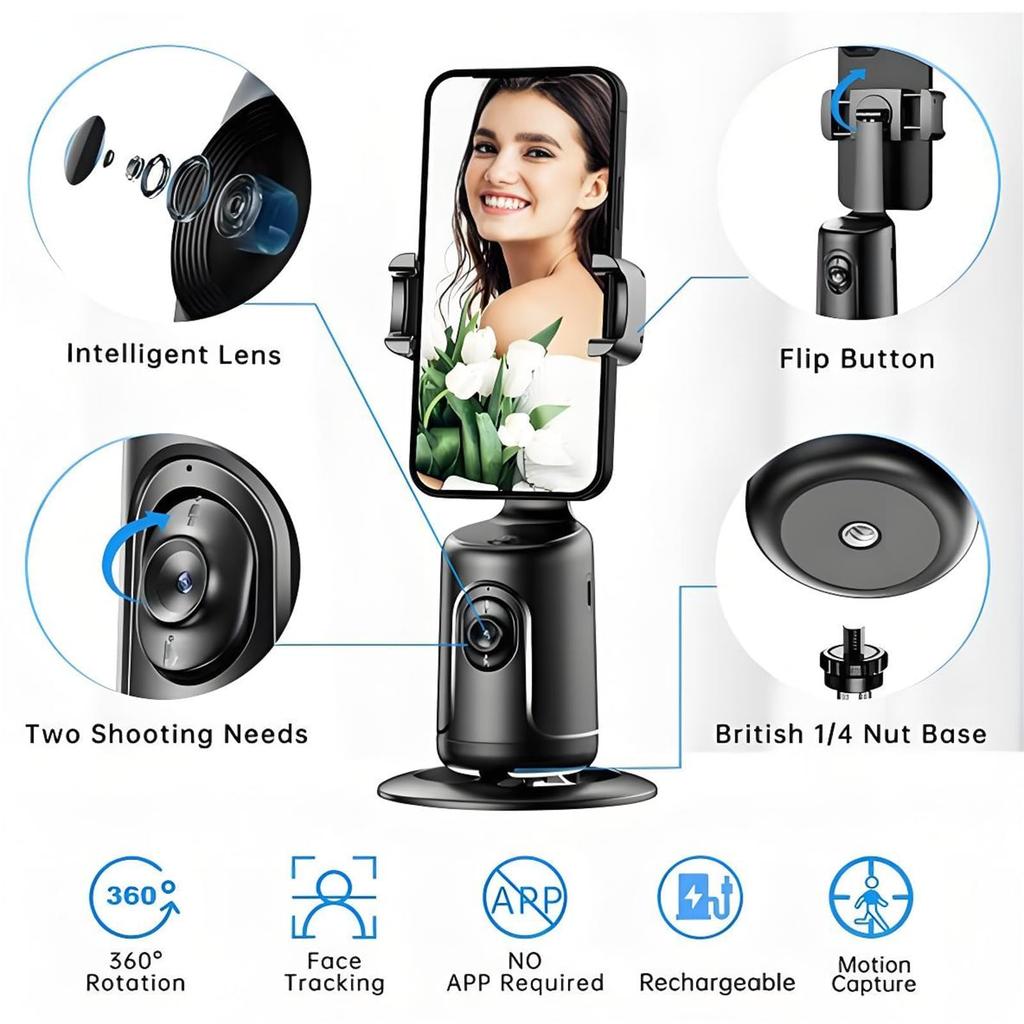 Smart Facial Phone Tripod, 360° Rotation Hands-Free Auto Face Tracking Tripod, Gesture Control & No App, Retractable Phone Stand For Vlogging, Li