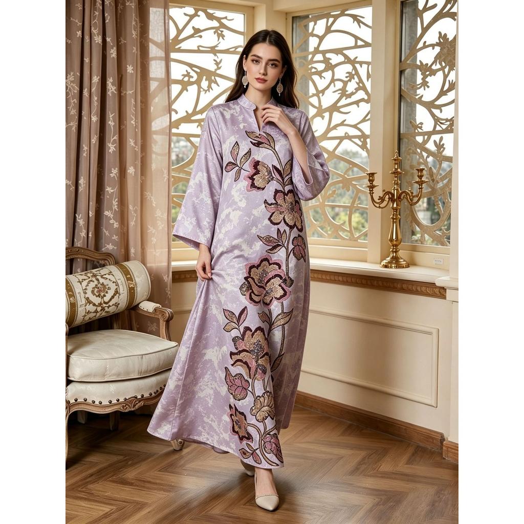 New Heavy Embroidered Long Robe Stand Collar Loose Printed Dress Women's Casual Wear Multiple Colors In Stock